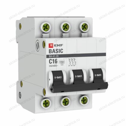 Автоматический выключатель 3P 16А (C) 4,5кА ВА 47-29 EKF Basic
