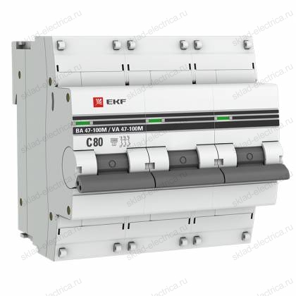 Автоматический выключатель 3P 80А (C) 10kA ВА 47-100M без теплового расцепителя EKF PROxima