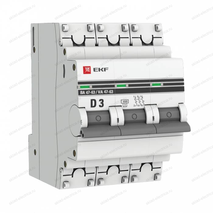Автоматический выключатель 3P 3А (D) 4,5kA ВА 47-63 EKF PROxima
