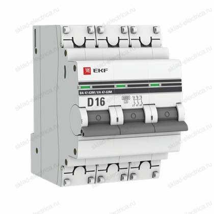 Автоматический выключатель 3P 16А (D) 6кА ВА 47-63M без теплового расцепителя EKF PROxima