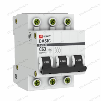 Автоматический выключатель 3P 63А (C) 4,5кА ВА 47-29 EKF Basic