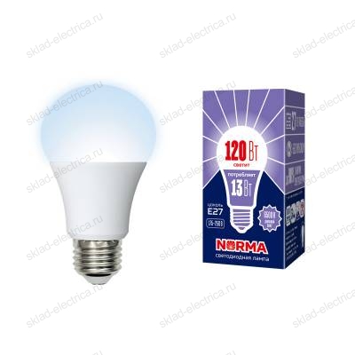 LED-A60-13W/DW/E27/FR/NR Лампа светодиодная. Форма "A", матовая. Серия Norma. Дневной белый свет (6500K). Картон. ТМ Volpe