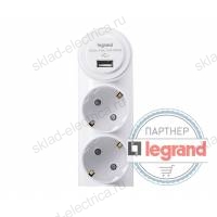 Зарядка USB 1порт + 2 розетки Legrand Anam DC 5V 2000mA, 16A L855963U1