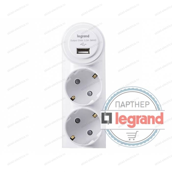 Зарядка USB 1порт + 2 розетки Legrand Anam DC 5V 2000mA, 16A L855963U1